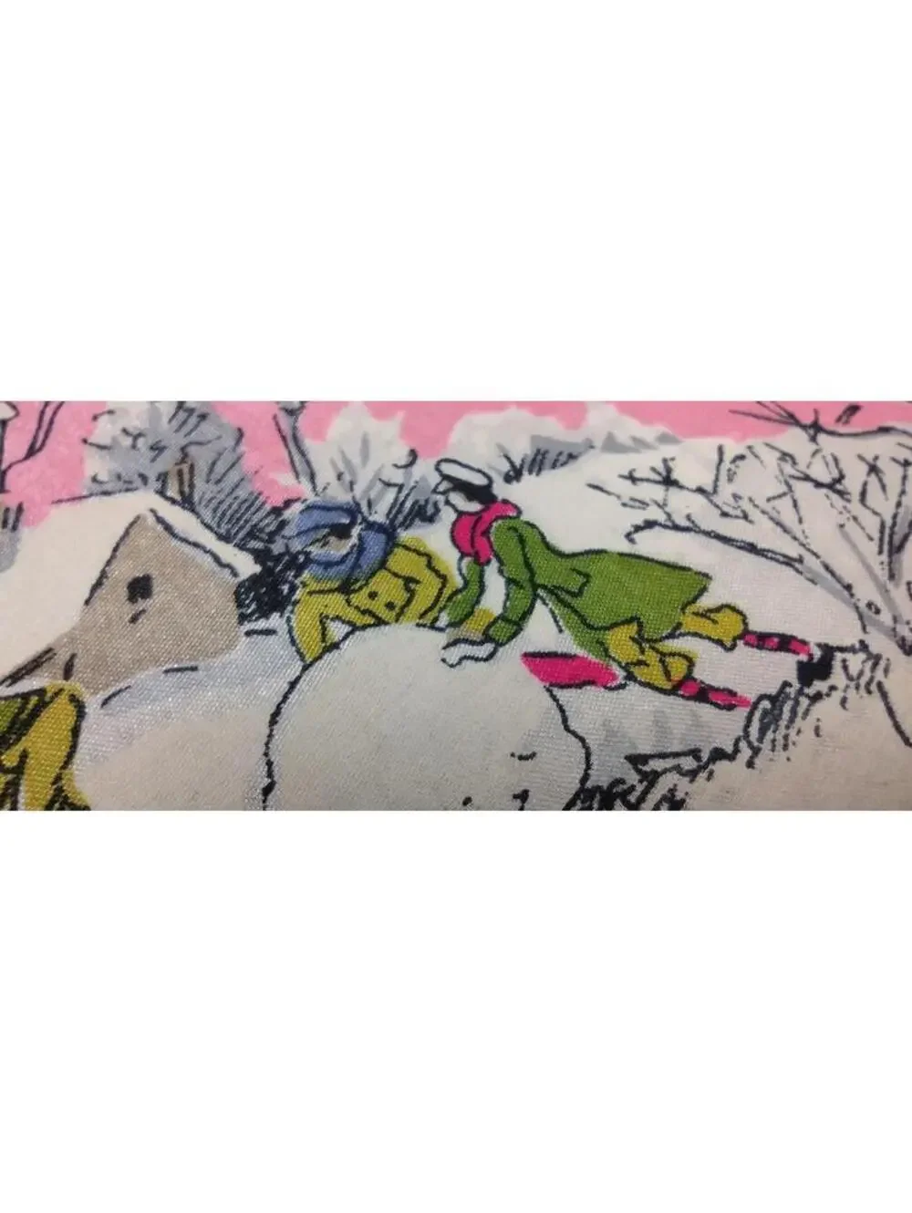 40s 50s Silk Pink Scarf CHRISTMAS WINTER SCENES Victorian Carriage Chartreuse